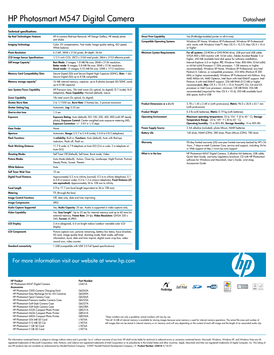 Hp photosmart m547 digital camera, Datasheet | HP M547 User Manual | Page 2 / 2