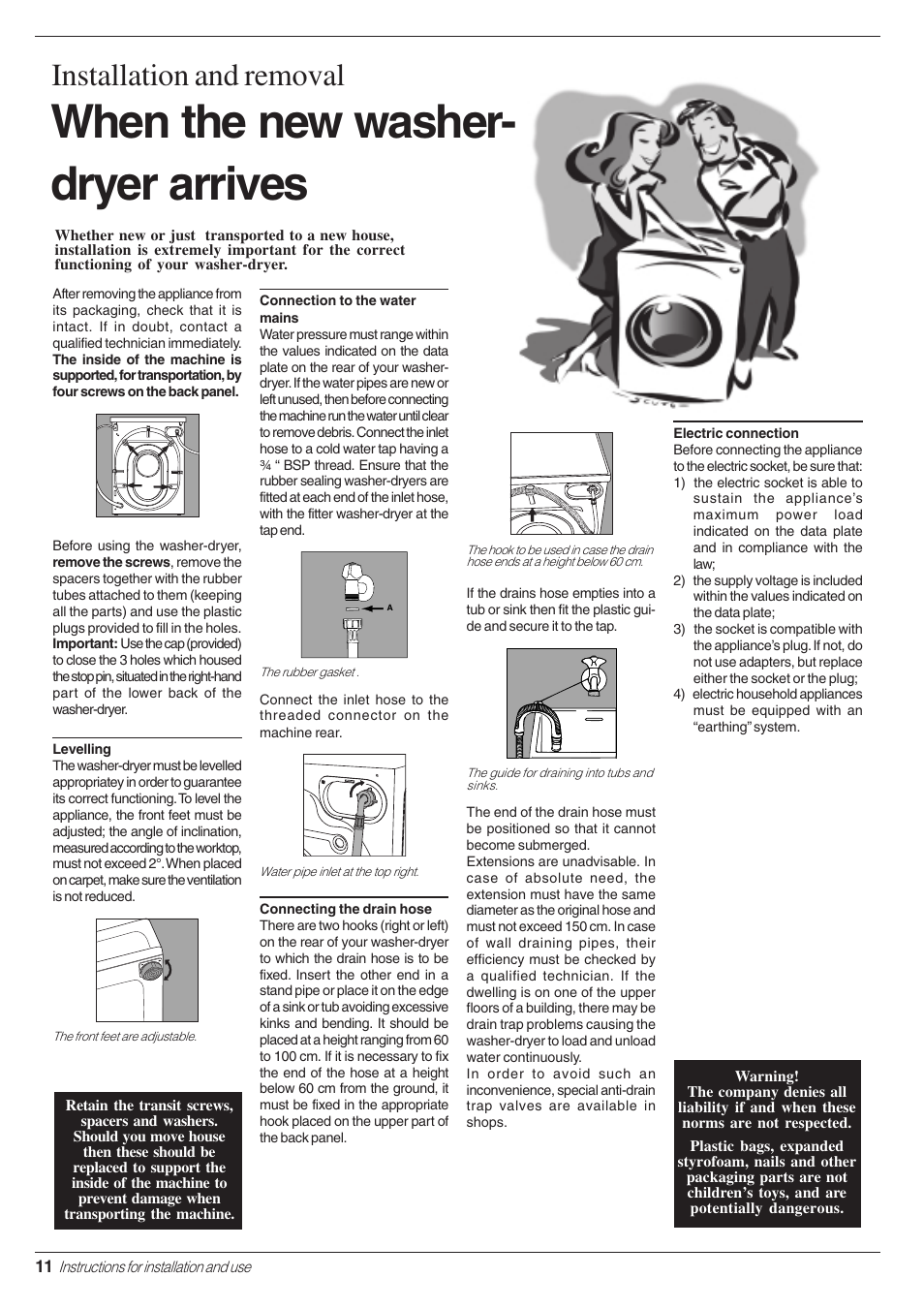 When the new washer- dryer arrives, Installation and removal | Indesit WD 84 T User Manual | Page 14 / 80