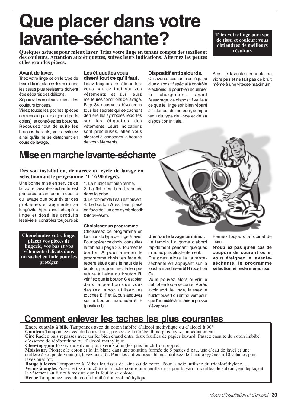 Que placer dans votre lavante-séchante, Mise en marche lavante-séchante, Comment enlever les taches les plus courantes | Indesit WD 84 T User Manual | Page 33 / 80
