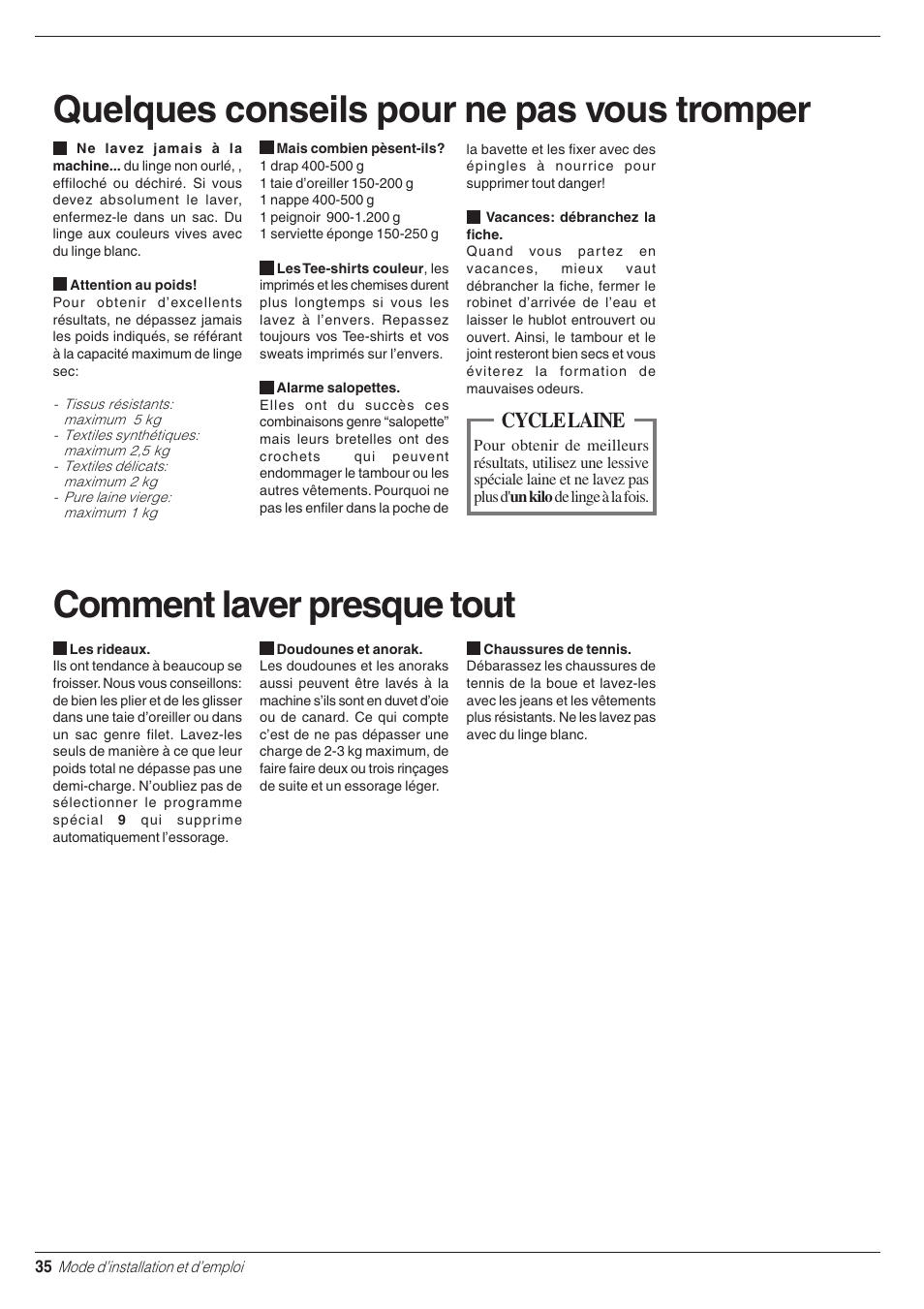 Quelques conseils pour ne pas vous tromper, Comment laver presque tout, Cycle laine | Indesit WD 84 T User Manual | Page 38 / 80