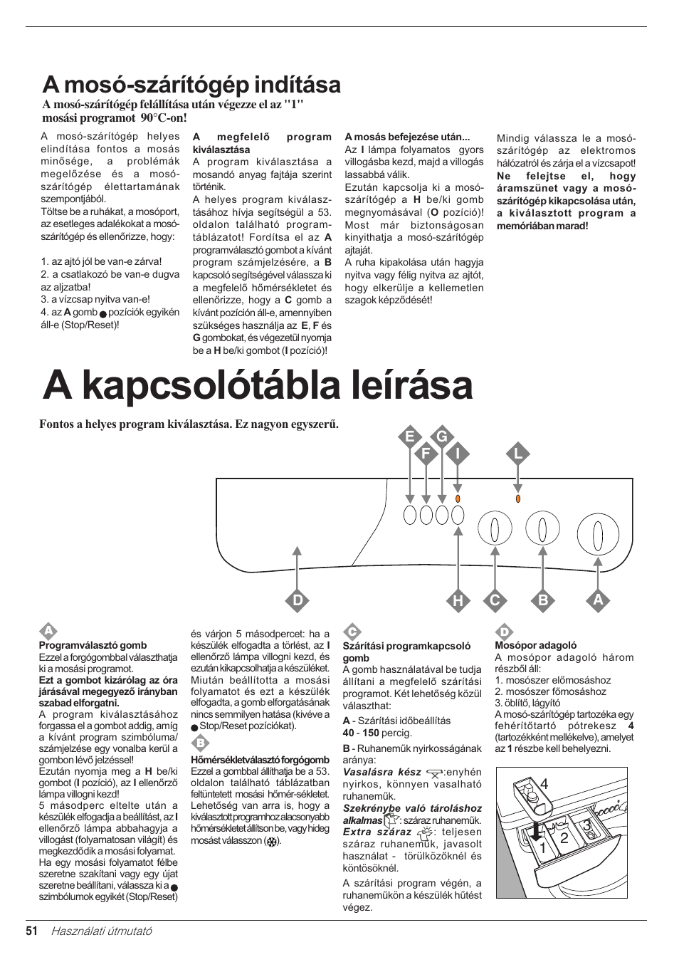 A kapcsolótábla leírása, A mosó-szárítógép indítása | Indesit WD 84 T User Manual | Page 54 / 80