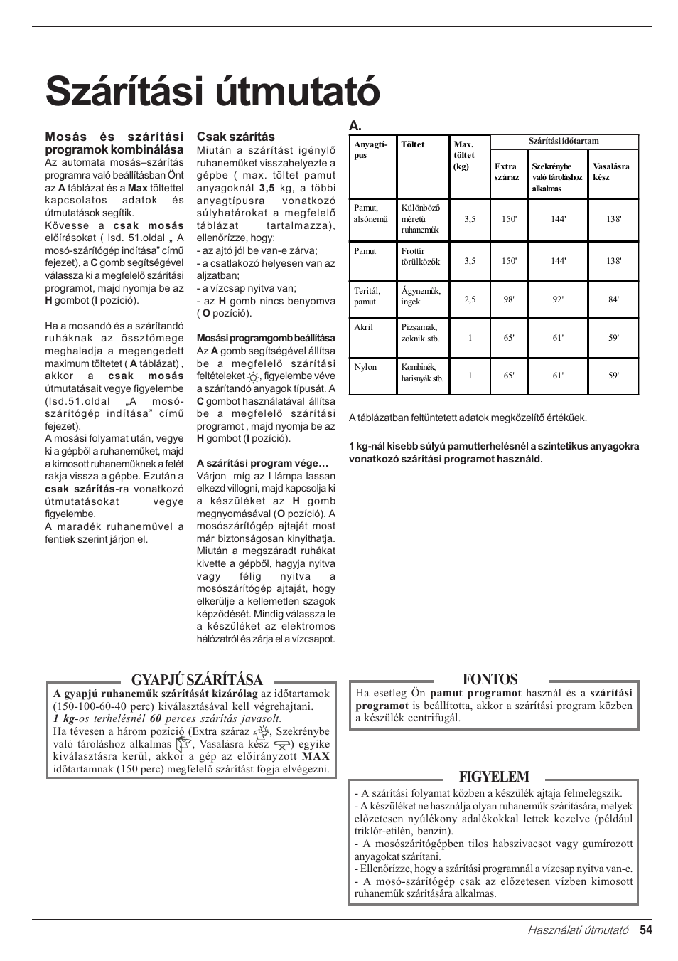 Szárítási útmutató, Fontos, Gyapjú szárítása | Figyelem | Indesit WD 84 T User Manual | Page 57 / 80