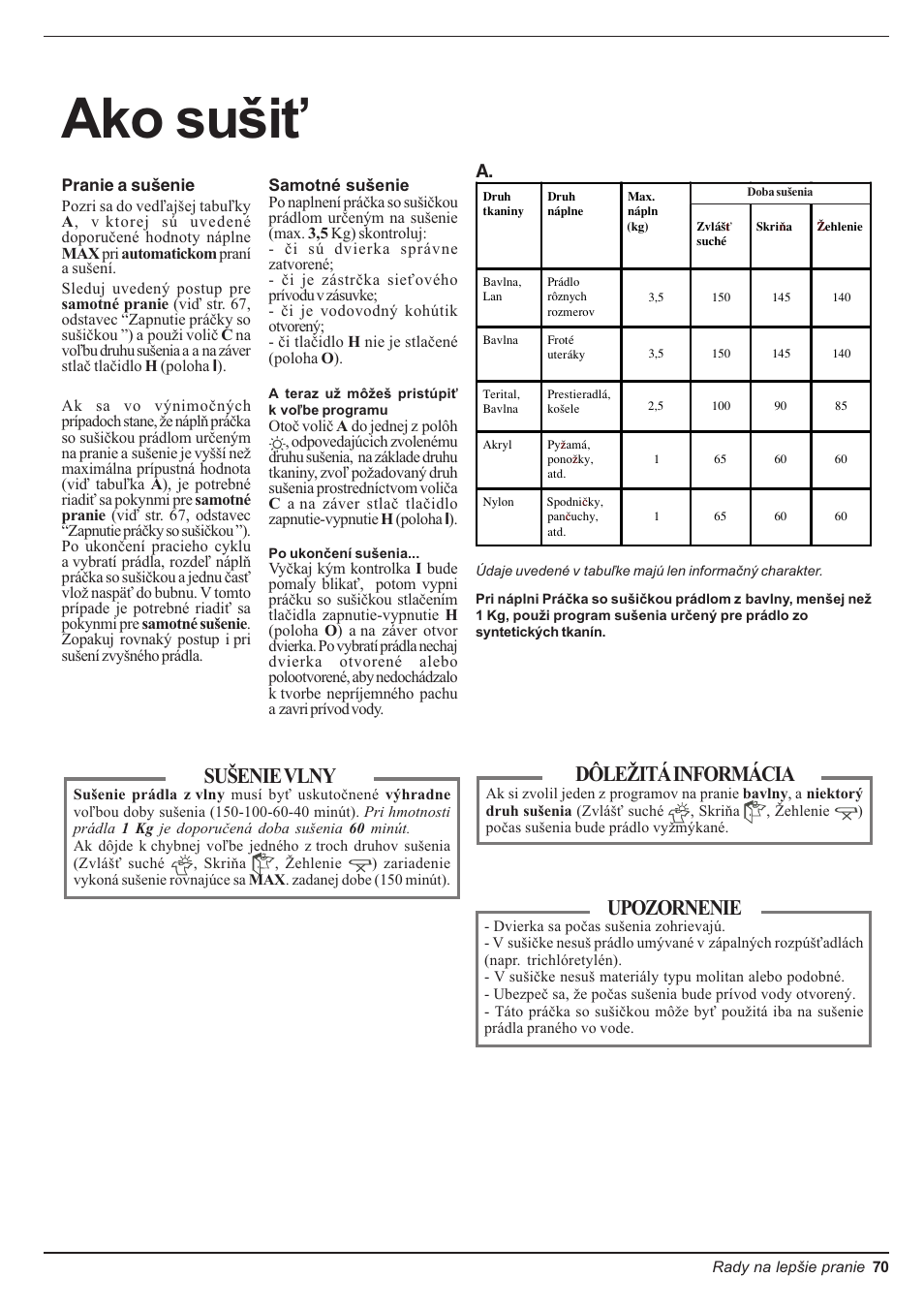 Ako sui, Dôleitá informácia, Suenie vlny | Upozornenie | Indesit WD 84 T User Manual | Page 73 / 80