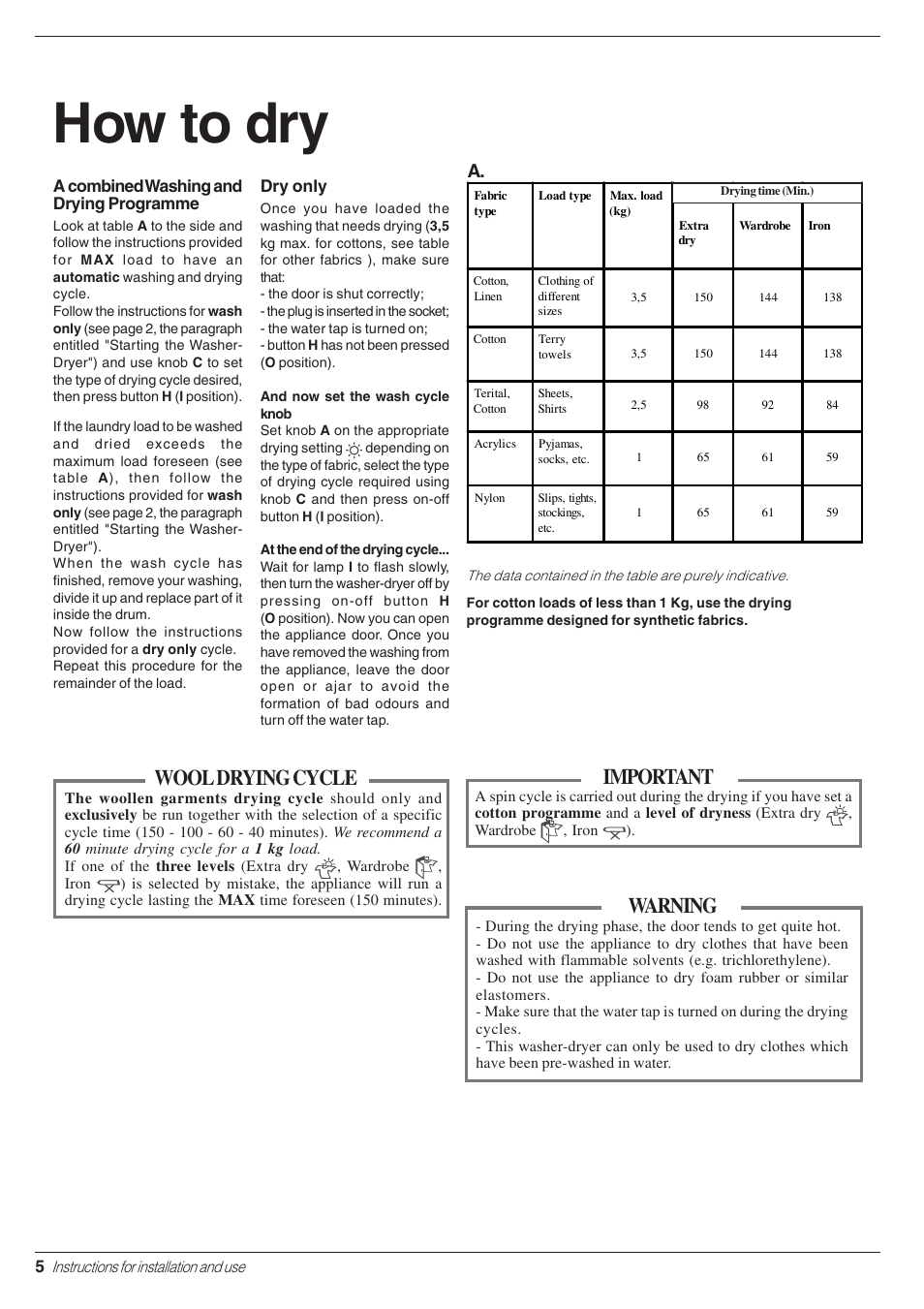 How to dry, Warning, Important | Wool drying cycle | Indesit WD 84 T User Manual | Page 8 / 80