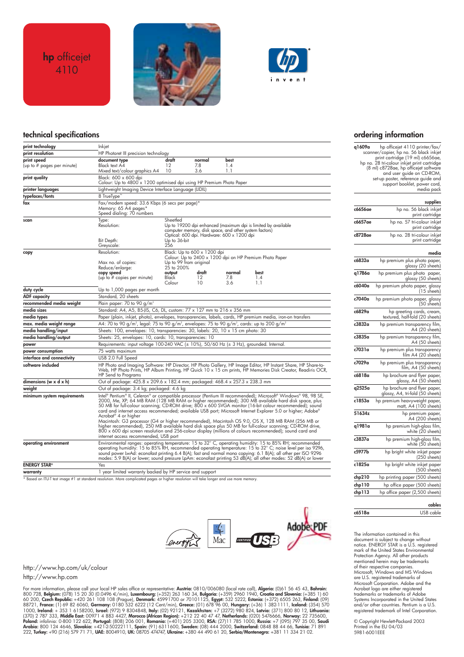Hp officejet 4110, Technical specifications, Ordering information | HP 4110 User Manual | Page 2 / 2