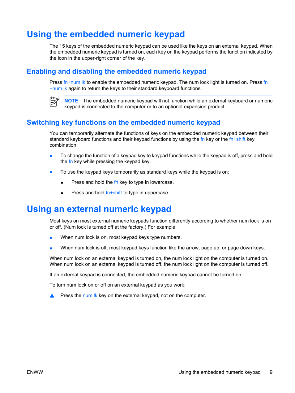 Using the embedded numeric keypad, Enabling and disabling the embedded numeric keypad, Using an external numeric keypad | HP TouchPad and Keyboard User Manual | Page 13 / 15