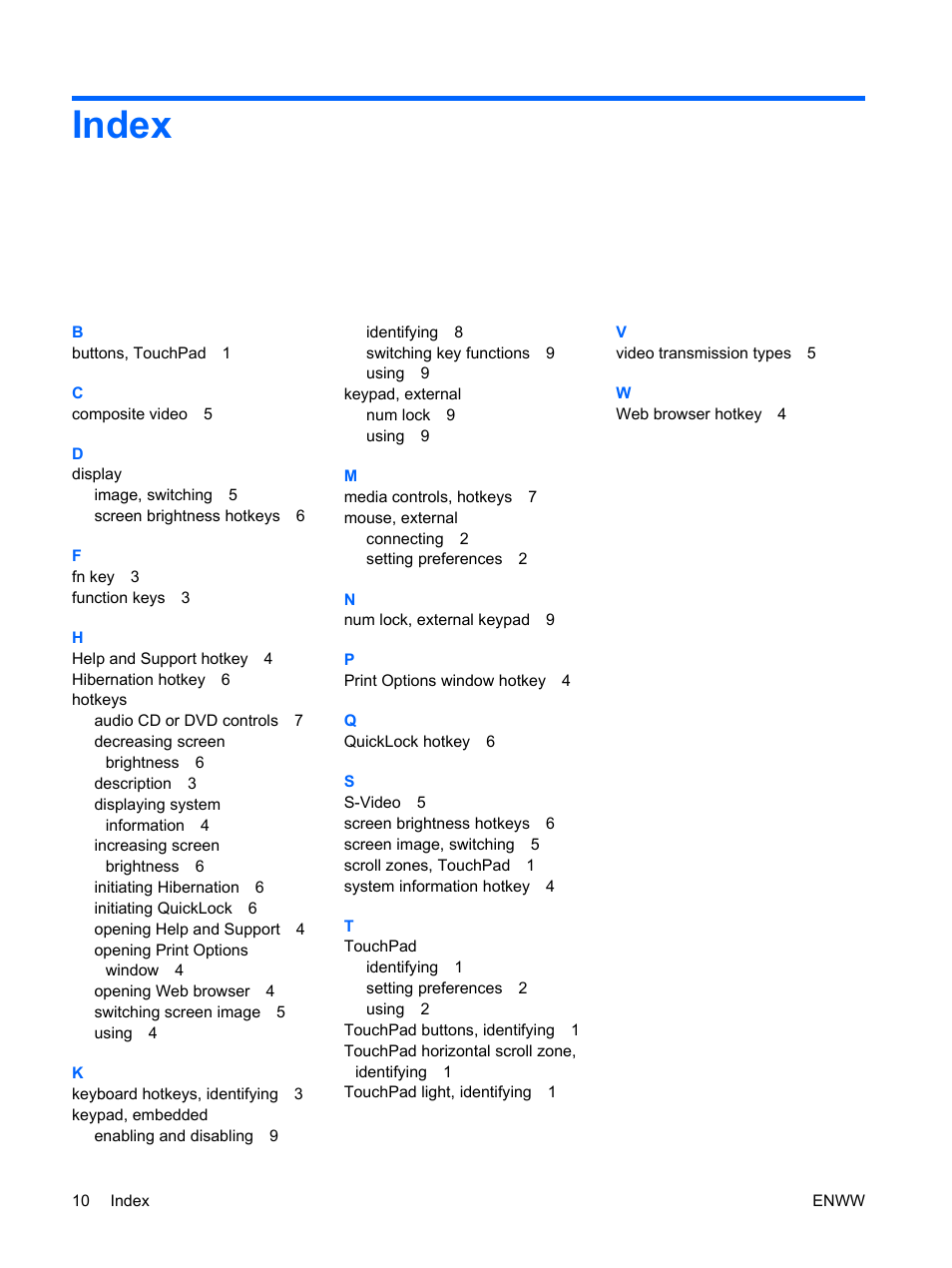 Index | HP TouchPad and Keyboard User Manual | Page 14 / 15