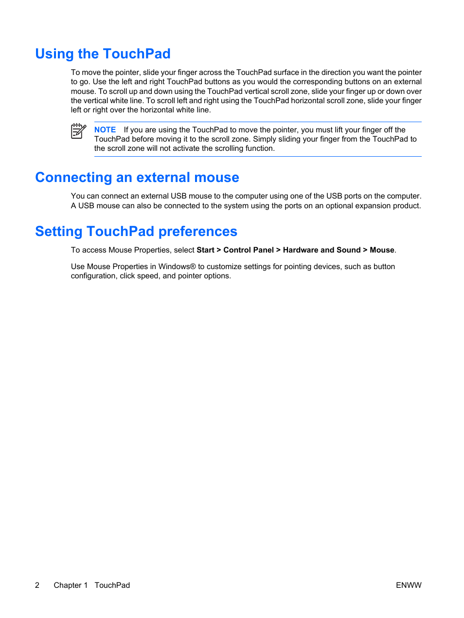 Using the touchpad, Connecting an external mouse, Setting touchpad preferences | HP TouchPad and Keyboard User Manual | Page 6 / 15