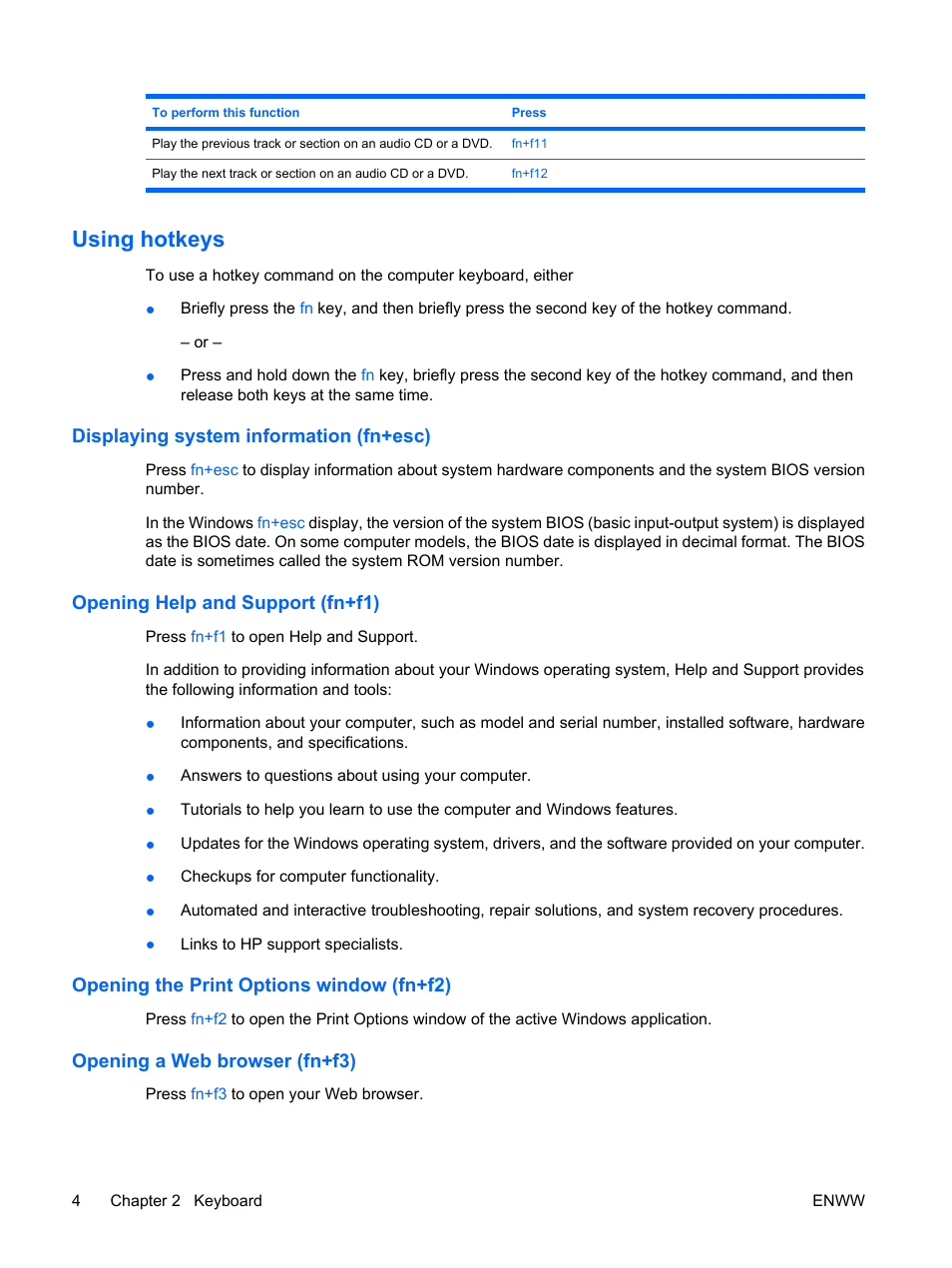 Using hotkeys, Displaying system information (fn+esc), Opening help and support (fn+f1) | Opening the print options window (fn+f2), Opening a web browser (fn+f3) | HP TouchPad and Keyboard User Manual | Page 8 / 15