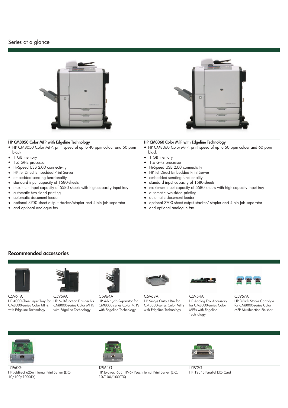 Hp cm8000 color mfp series, Series at a glance recommended accessories | HP CM8050 MFP User Manual | Page 2 / 4