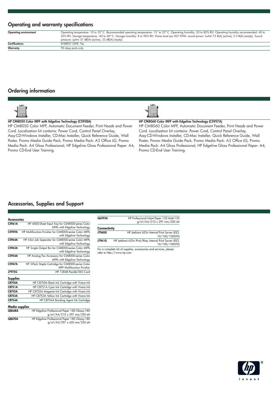 Operating and warranty specifications | HP CM8050 MFP User Manual | Page 3 / 4
