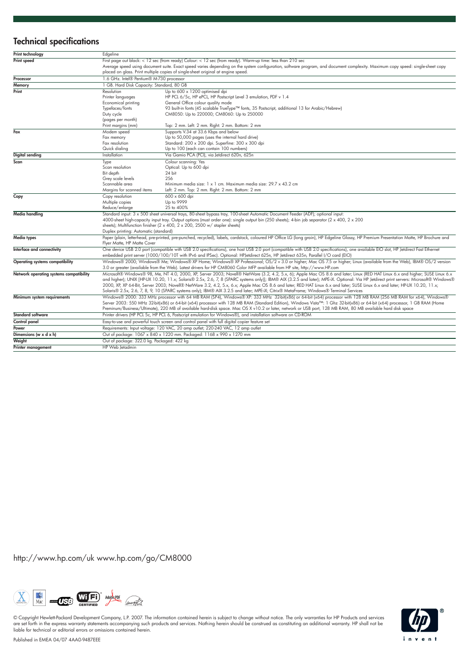Technical specifications | HP CM8050 MFP User Manual | Page 4 / 4