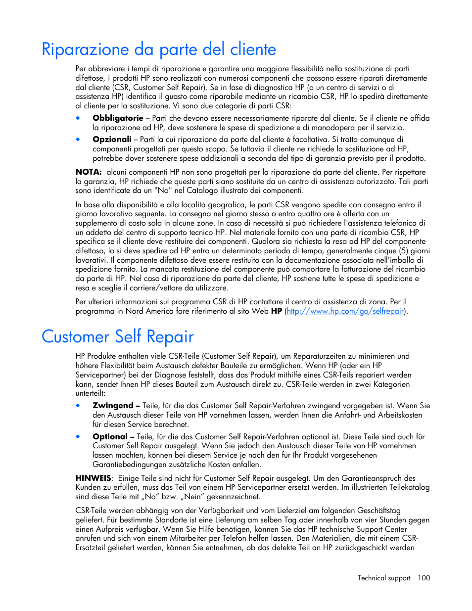 Riparazione da parte del cliente, Customer self repair | HP ProLiant DL380 User Manual | Page 100 / 113
