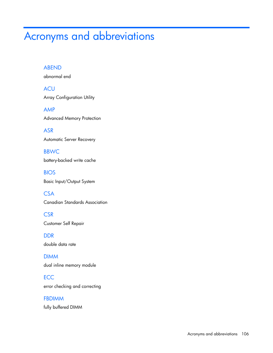Acronyms and abbreviations | HP ProLiant DL380 User Manual | Page 106 / 113