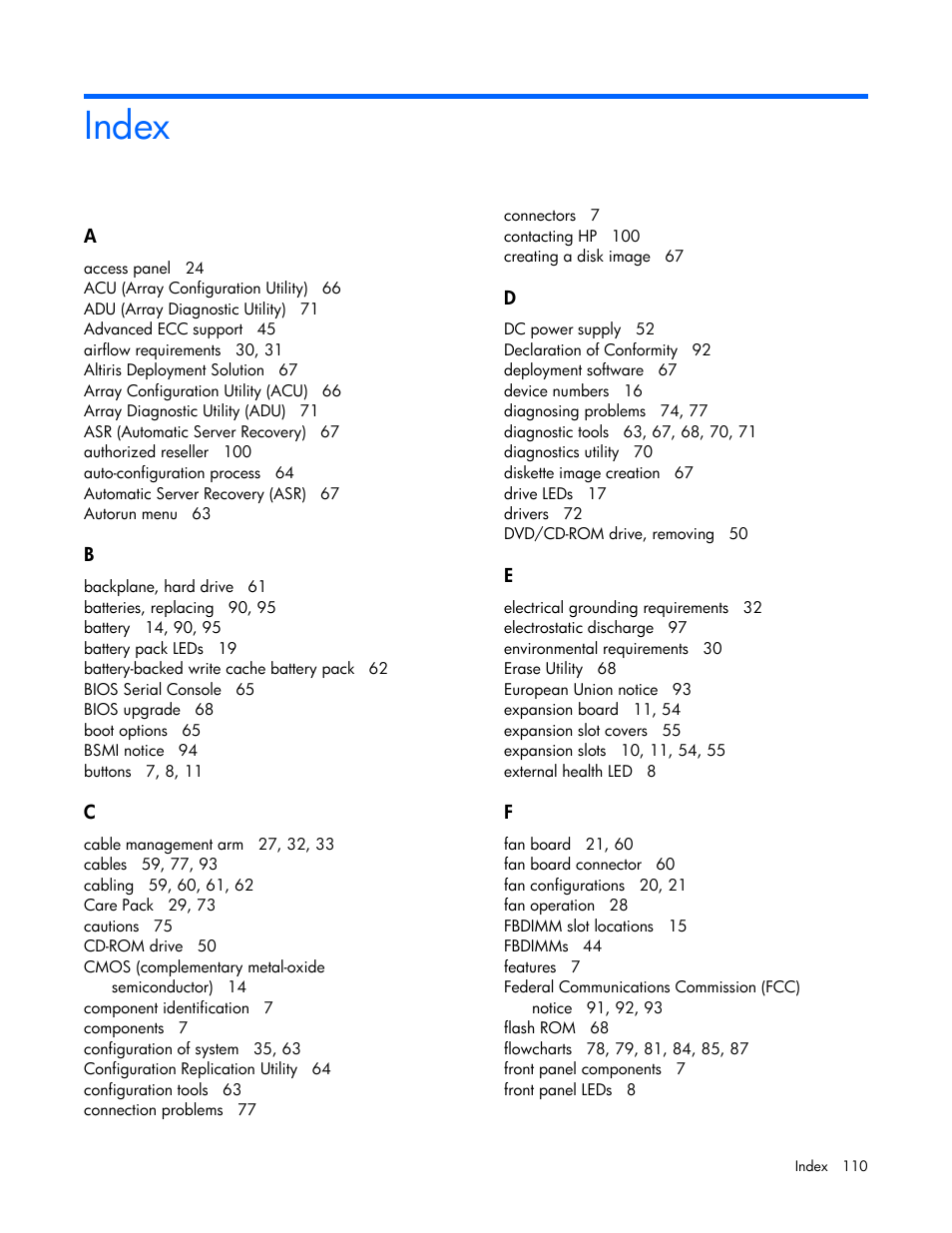 Index | HP ProLiant DL380 User Manual | Page 110 / 113