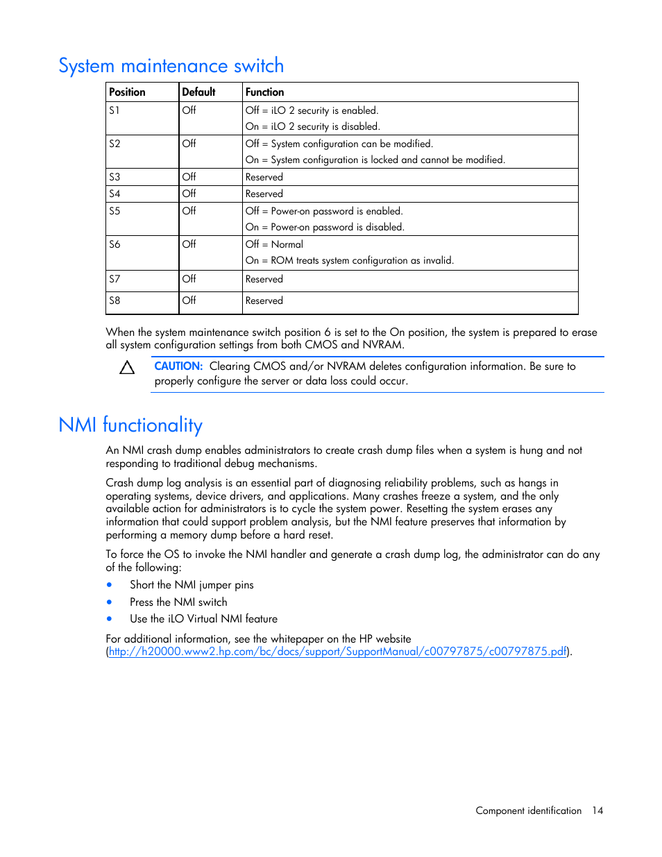 System maintenance switch, Nmi functionality | HP ProLiant DL380 User Manual | Page 14 / 113