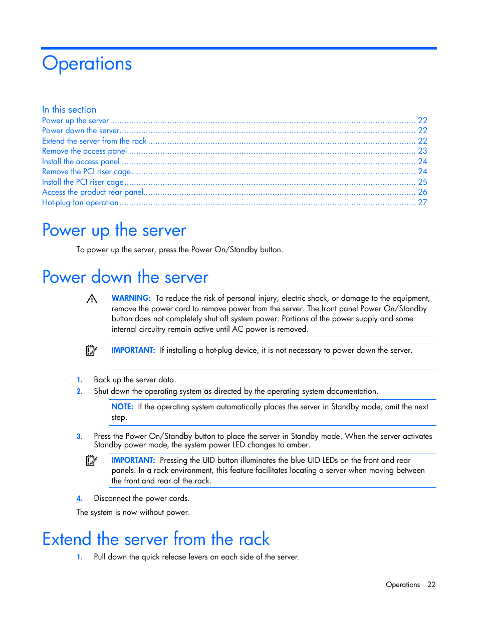 Operations, Power up the server, Power down the server | Extend the server from the rack | HP ProLiant DL380 User Manual | Page 22 / 113