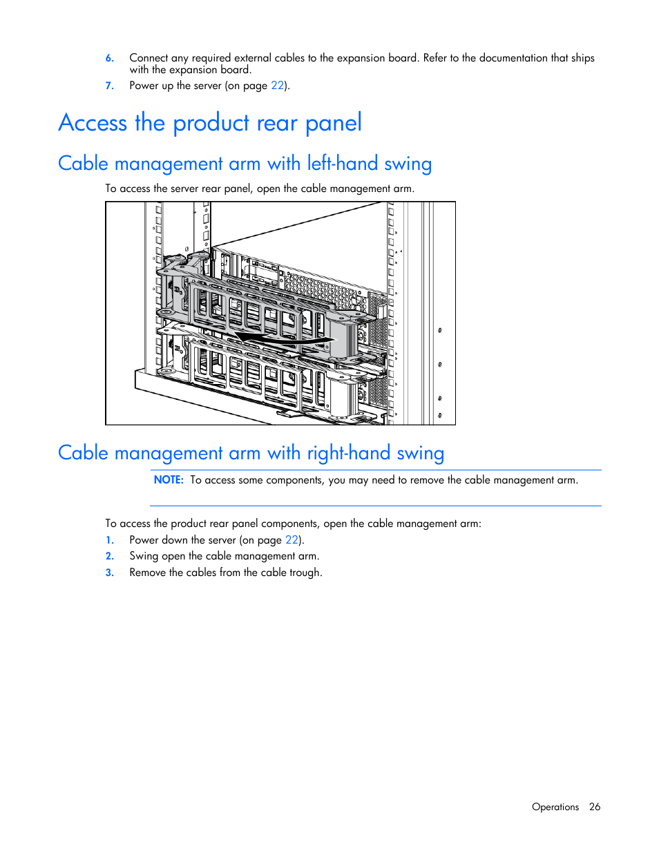 Access the product rear panel, Cable management arm with left-hand swing, Cable management arm with right-hand swing | HP ProLiant DL380 User Manual | Page 26 / 113