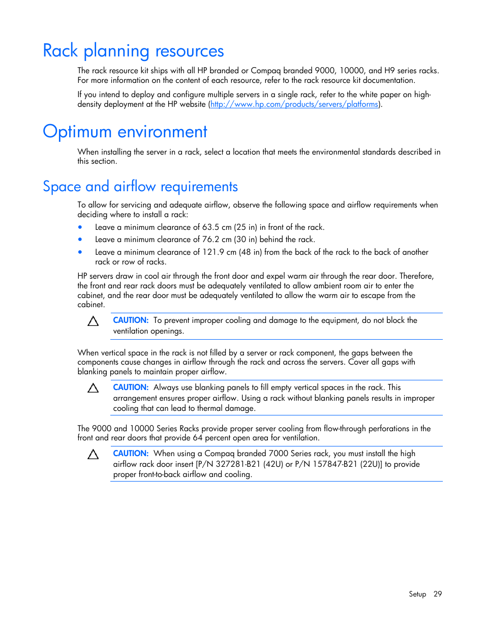 Rack planning resources, Optimum environment, Space and airflow requirements | 29 optimum environment | HP ProLiant DL380 User Manual | Page 29 / 113