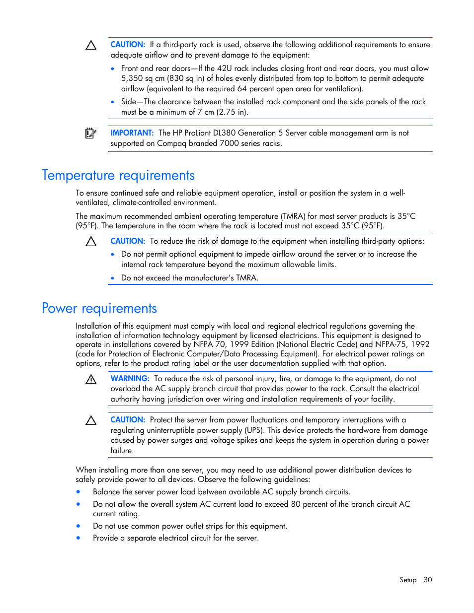 Temperature requirements, Power requirements | HP ProLiant DL380 User Manual | Page 30 / 113