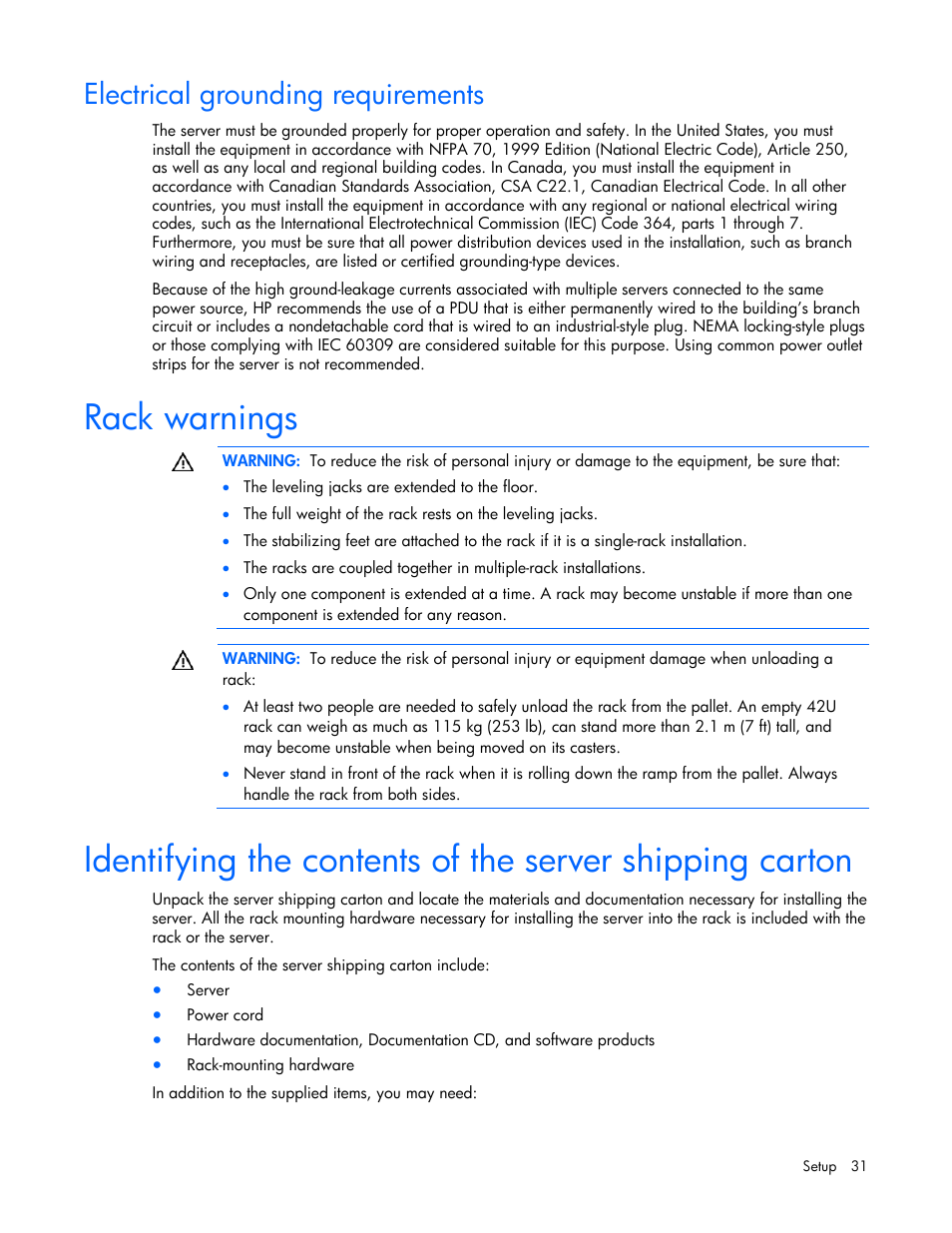 Electrical grounding requirements, Rack warnings | HP ProLiant DL380 User Manual | Page 31 / 113