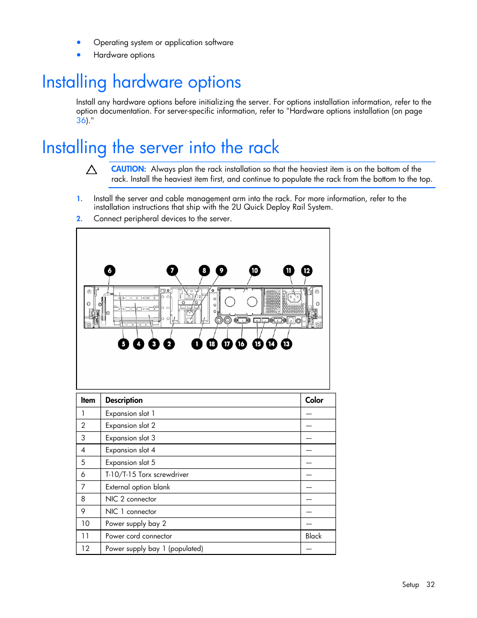 Installing hardware options, Installing the server into the rack, 32 installing the server into the rack | HP ProLiant DL380 User Manual | Page 32 / 113