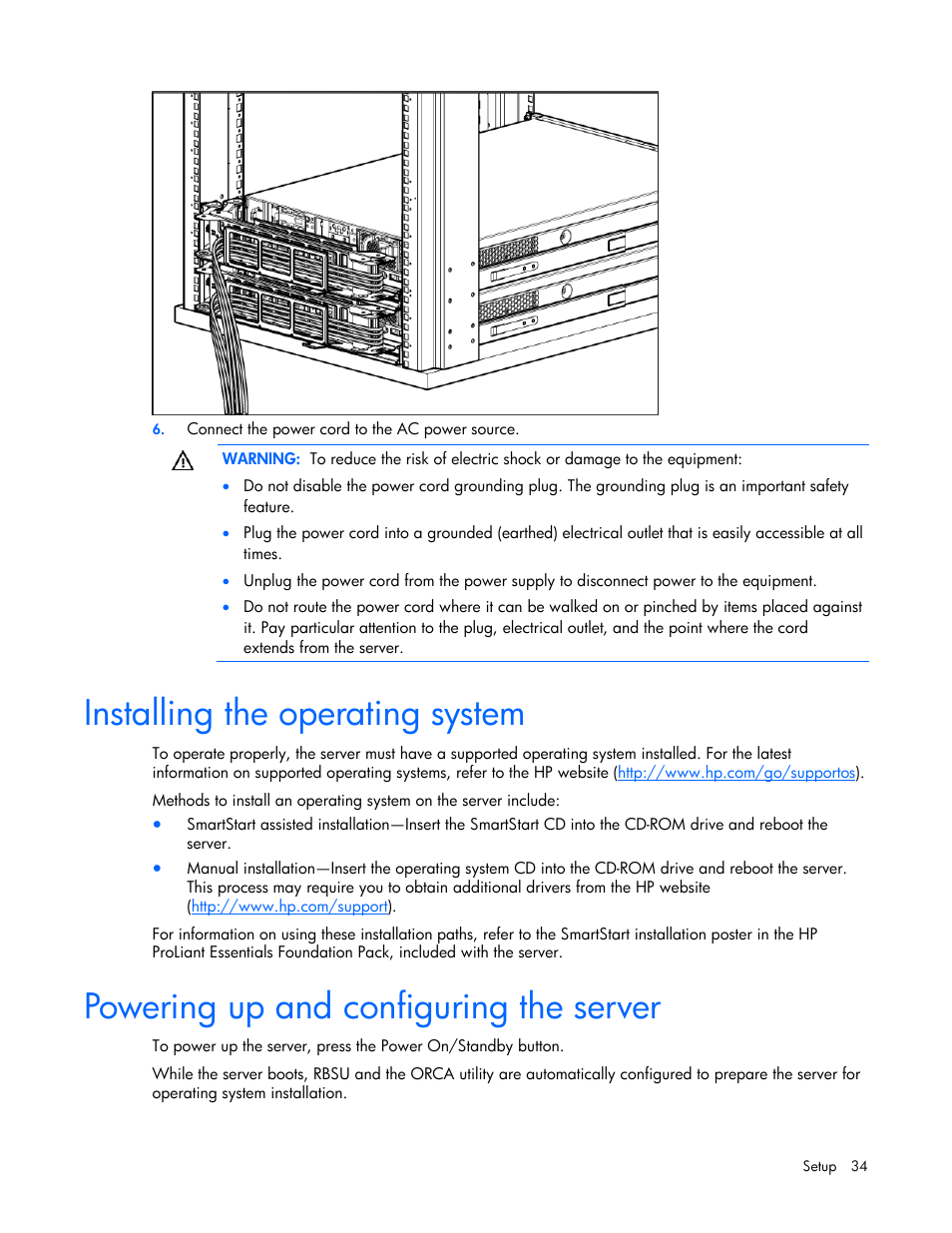 Installing the operating system, Powering up and configuring the server | HP ProLiant DL380 User Manual | Page 34 / 113