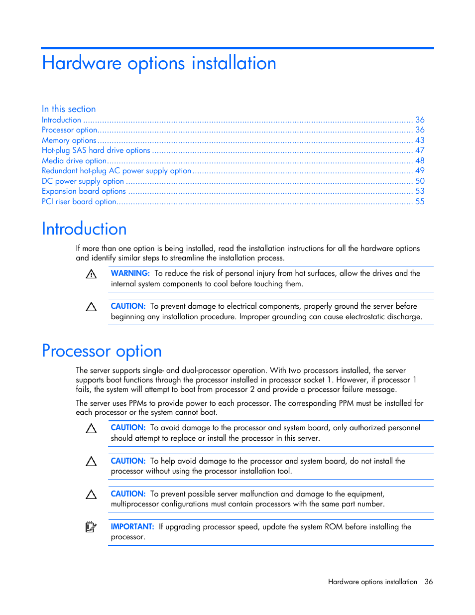 Hardware options installation, Introduction, Processor option | HP ProLiant DL380 User Manual | Page 36 / 113