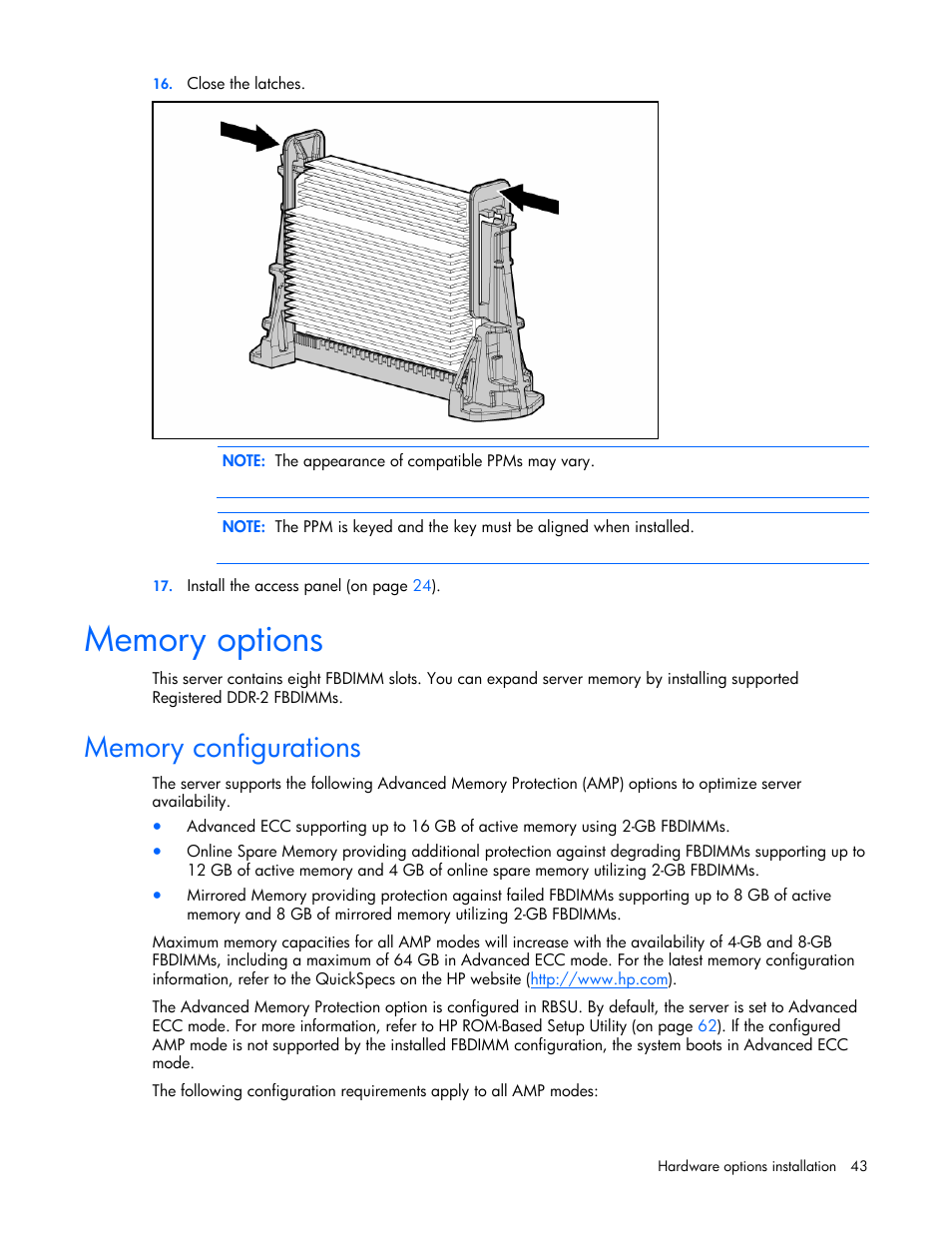 Memory options, Memory configurations | HP ProLiant DL380 User Manual | Page 43 / 113