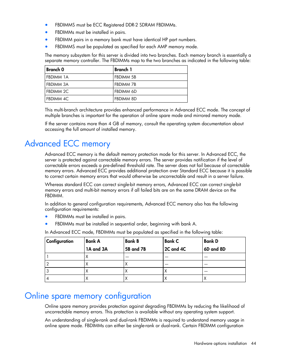 Advanced ecc memory, Online spare memory configuration | HP ProLiant DL380 User Manual | Page 44 / 113