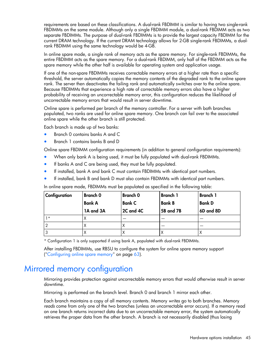 Mirrored memory configuration | HP ProLiant DL380 User Manual | Page 45 / 113