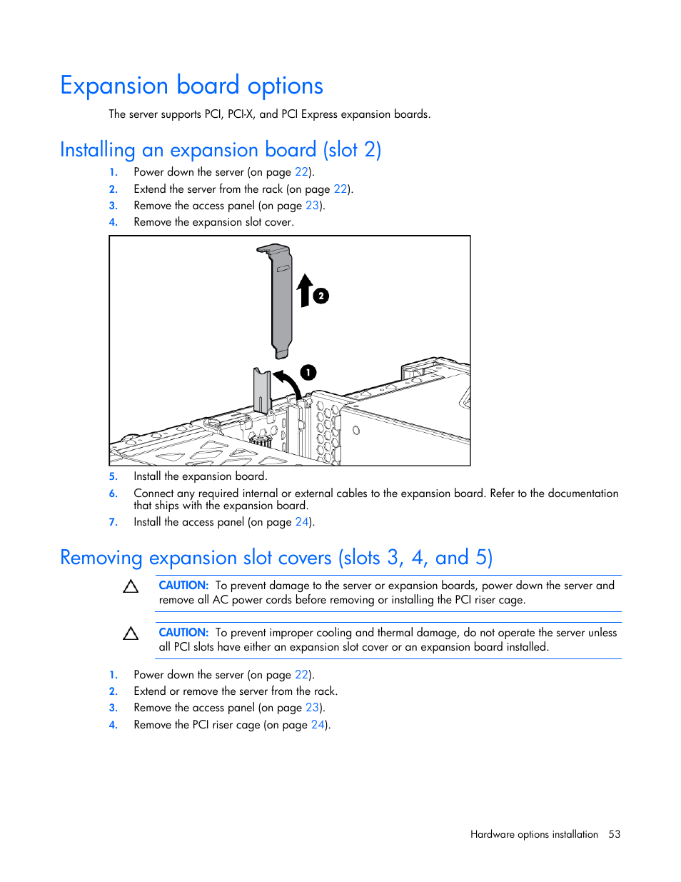 Expansion board options, Installing an expansion board (slot 2), Removing expansion slot covers (slots 3, 4, and 5) | HP ProLiant DL380 User Manual | Page 53 / 113
