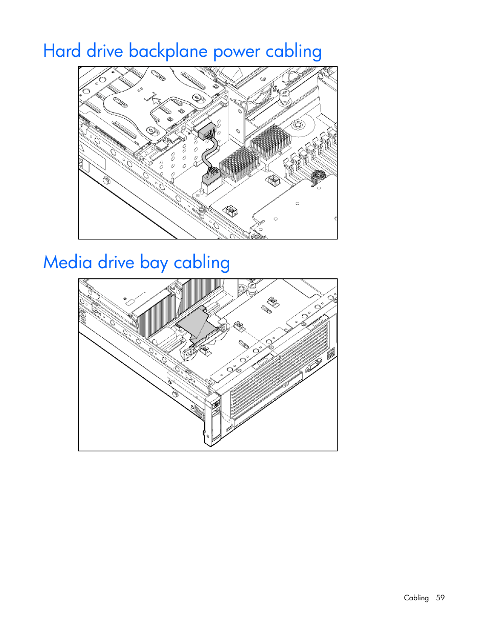Hard drive backplane power cabling, Media drive bay cabling | HP ProLiant DL380 User Manual | Page 59 / 113
