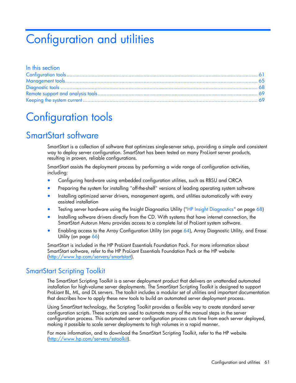 Configuration and utilities, Configuration tools, Smartstart software | Smartstart scripting toolkit | HP ProLiant DL380 User Manual | Page 61 / 113