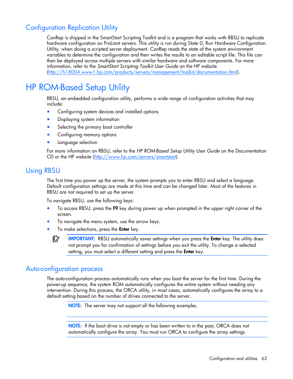 Configuration replication utility, Hp rom-based setup utility, Using rbsu | Auto-configuration process, If the con, Rbsu, Hp rom-based, Setup utility, To configure th | HP ProLiant DL380 User Manual | Page 62 / 113