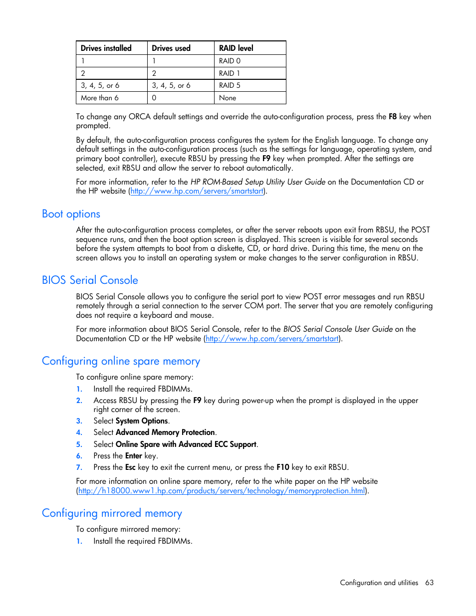 Boot options, Bios serial console, Configuring online spare memory | Configuring mirrored memory, Configuring | HP ProLiant DL380 User Manual | Page 63 / 113