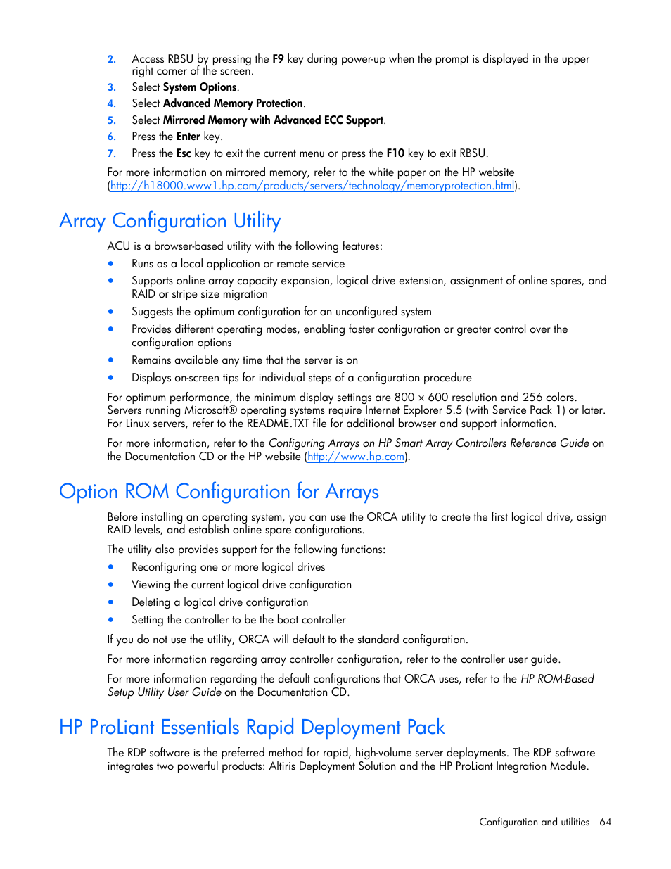 Array configuration utility, Option rom configuration for arrays, Hp proliant essentials rapid deployment pack | Array diagnostic utility, and e | HP ProLiant DL380 User Manual | Page 64 / 113