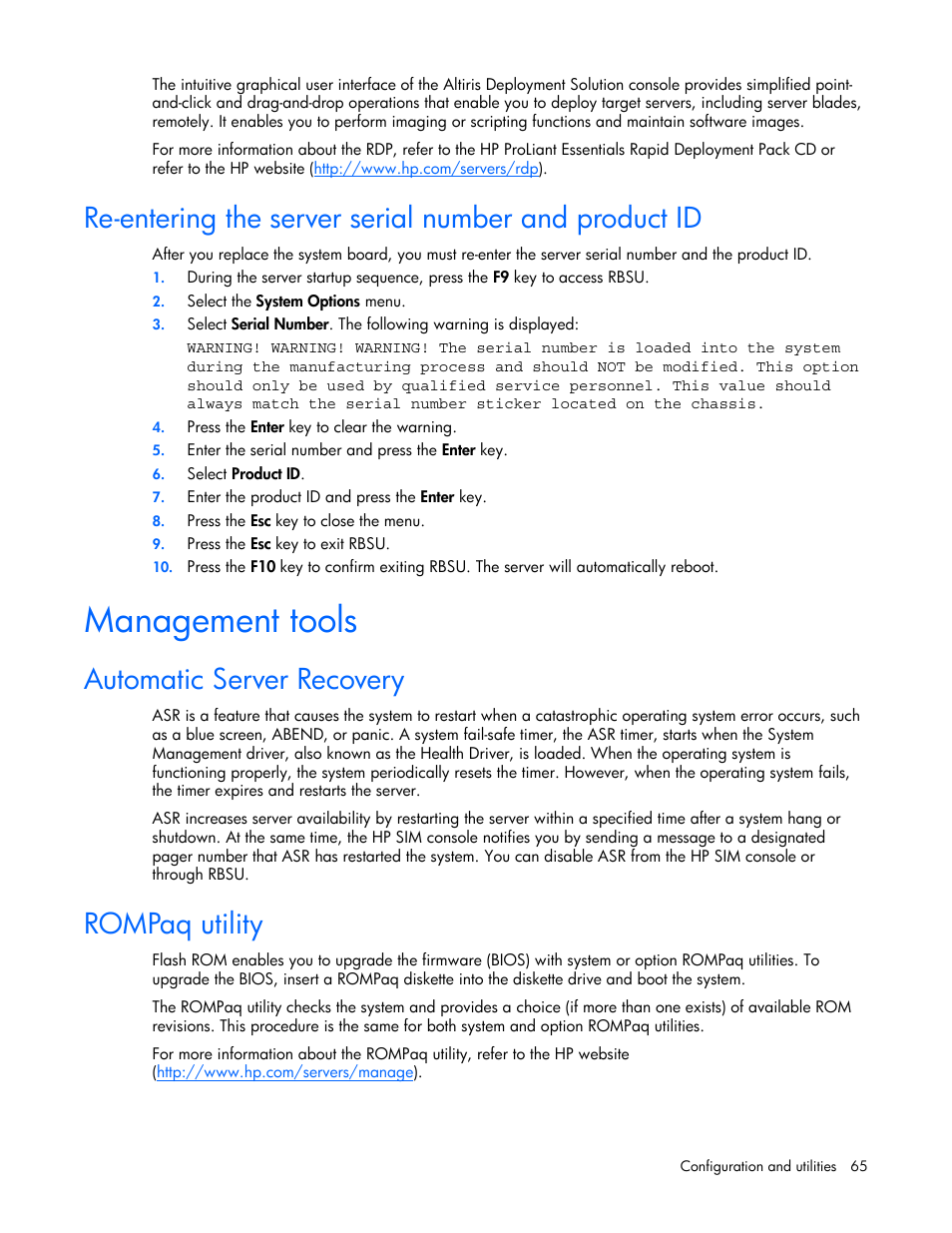 Management tools, Automatic server recovery, Rompaq utility | HP ProLiant DL380 User Manual | Page 65 / 113