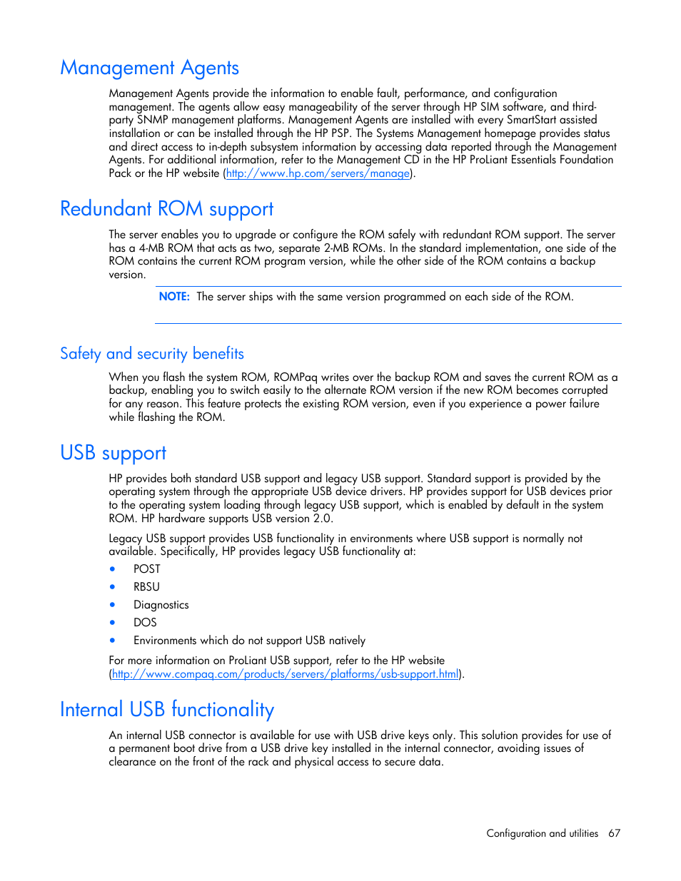 Management agents, Redundant rom support, Safety and security benefits | Usb support, Internal usb functionality | HP ProLiant DL380 User Manual | Page 67 / 113