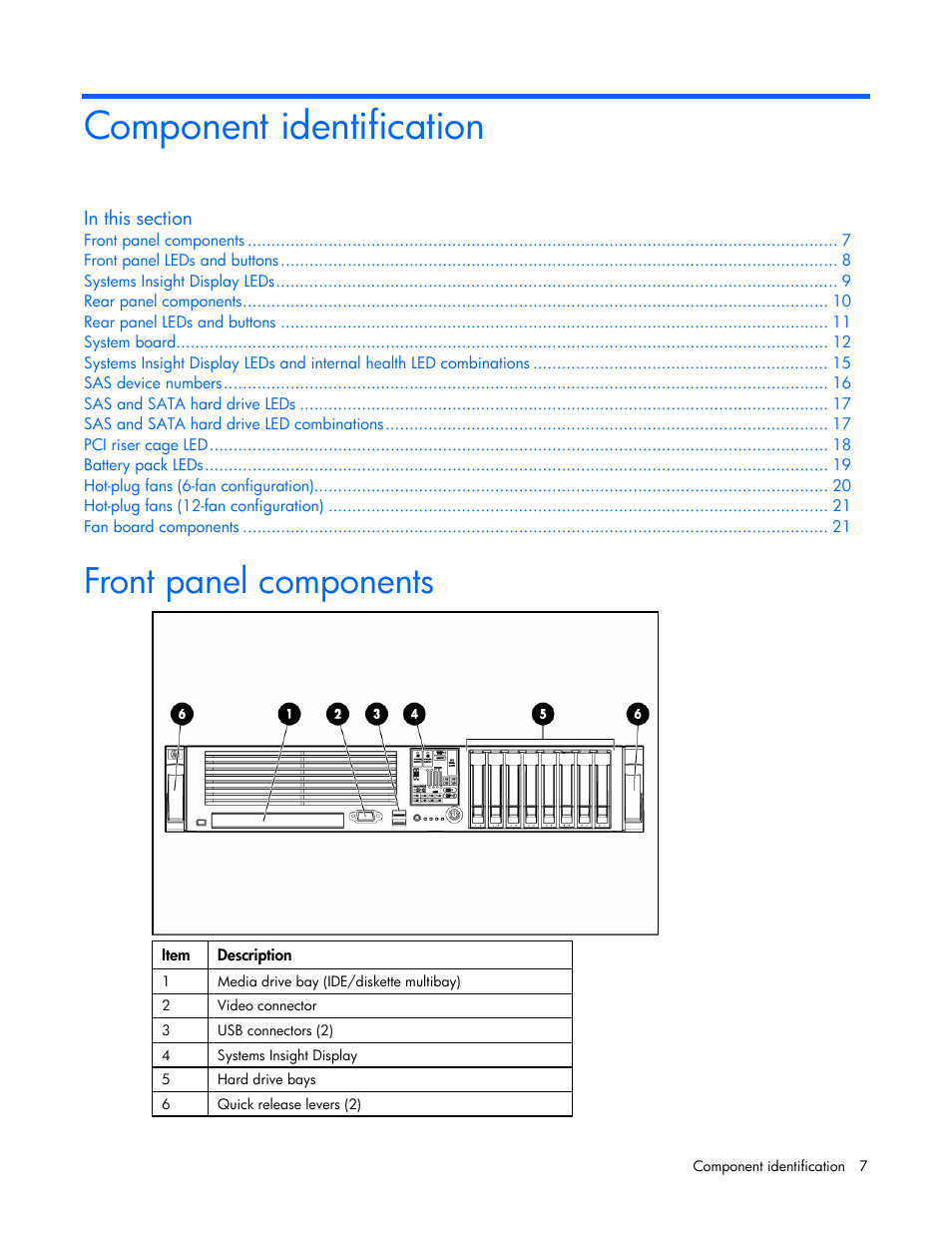 Component identification, Front panel components | HP ProLiant DL380 User Manual | Page 7 / 113