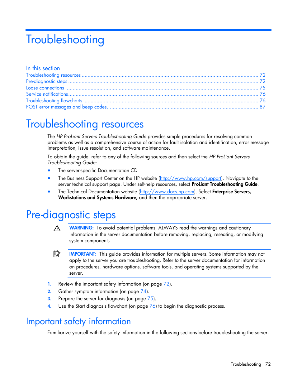 Troubleshooting, Troubleshooting resources, Pre-diagnostic steps | Important safety information | HP ProLiant DL380 User Manual | Page 72 / 113