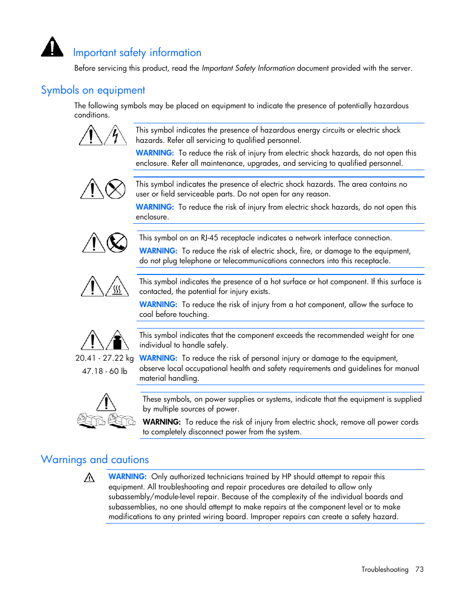 Symbols on equipment, Warnings and cautions, Important safety information | HP ProLiant DL380 User Manual | Page 73 / 113