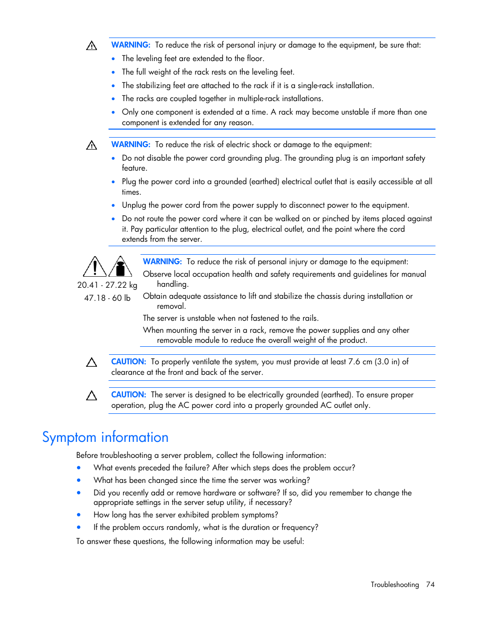 Symptom information | HP ProLiant DL380 User Manual | Page 74 / 113