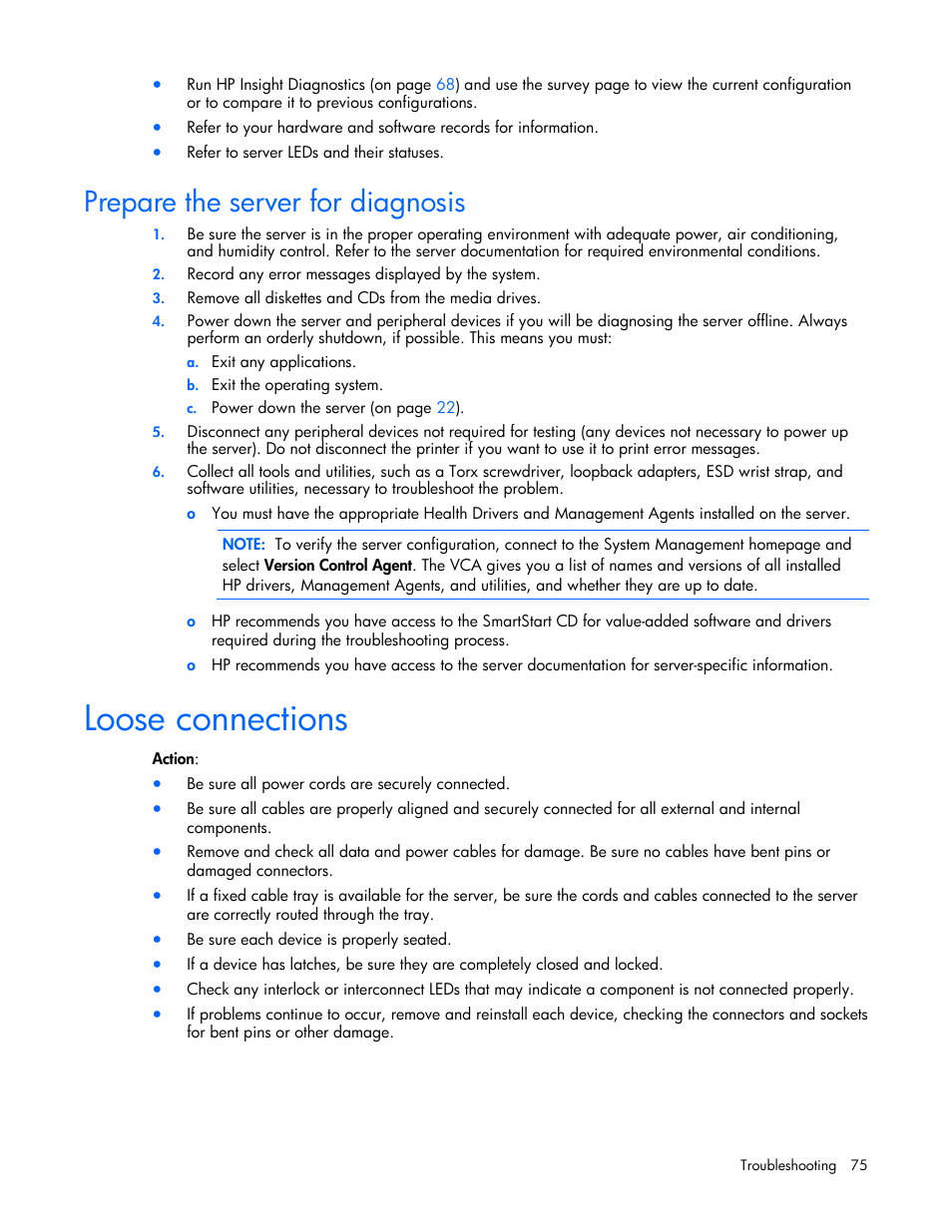 Prepare the server for diagnosis, Loose connections | HP ProLiant DL380 User Manual | Page 75 / 113