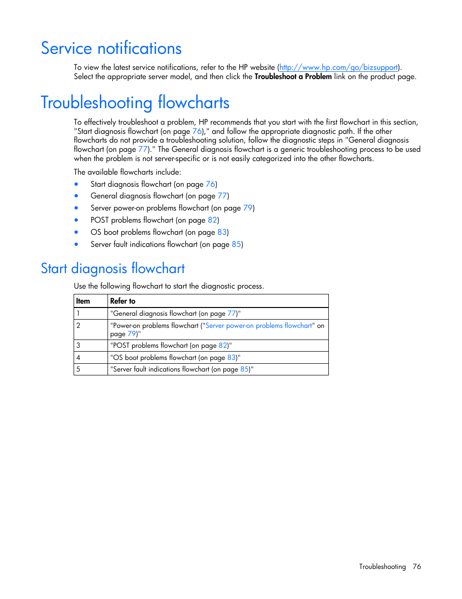 Service notifications, Troubleshooting flowcharts, Start diagnosis flowchart | To begin the diagnostic | HP ProLiant DL380 User Manual | Page 76 / 113