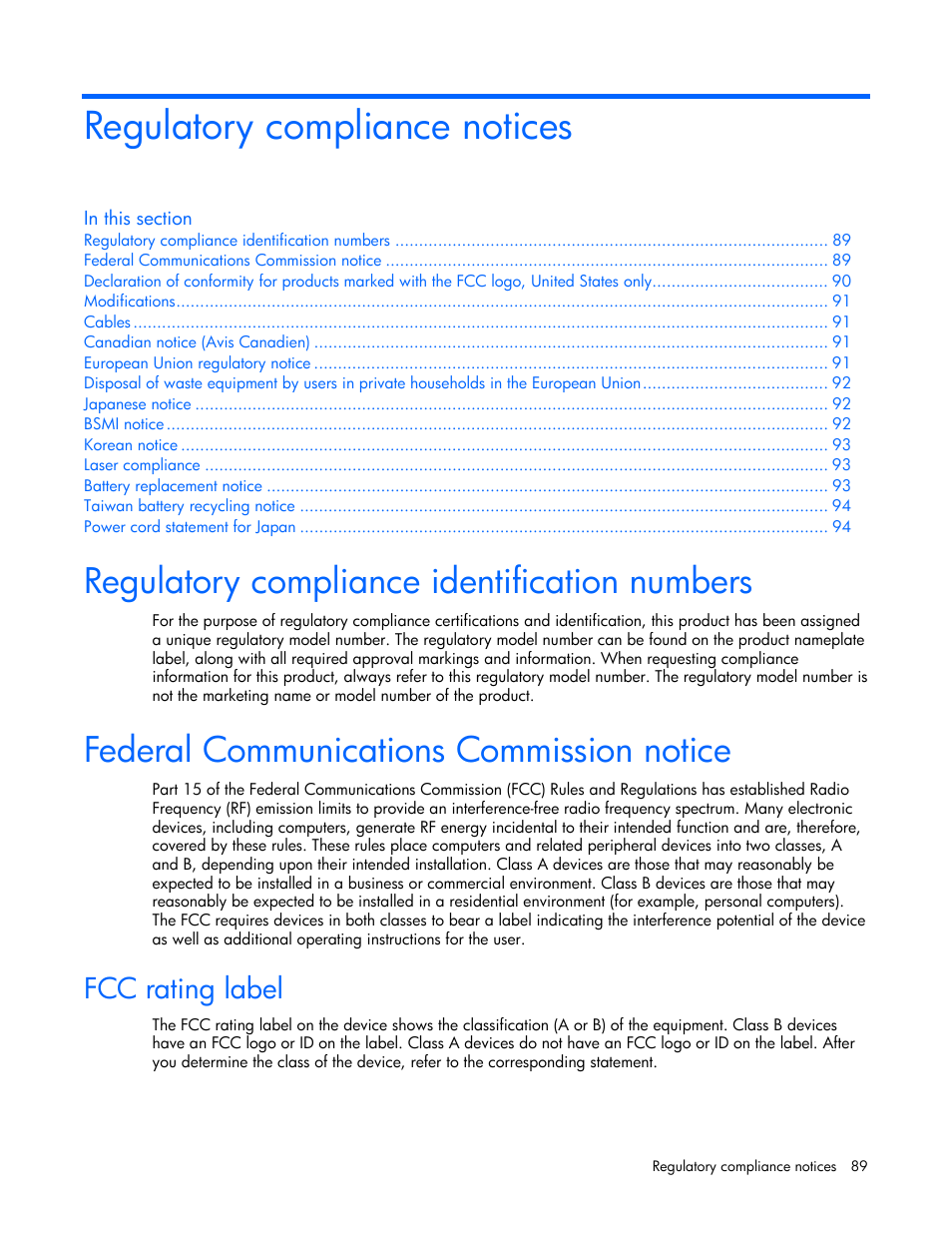 Regulatory compliance notices, Regulatory compliance identification numbers, Federal communications commission notice | Fcc rating label | HP ProLiant DL380 User Manual | Page 89 / 113