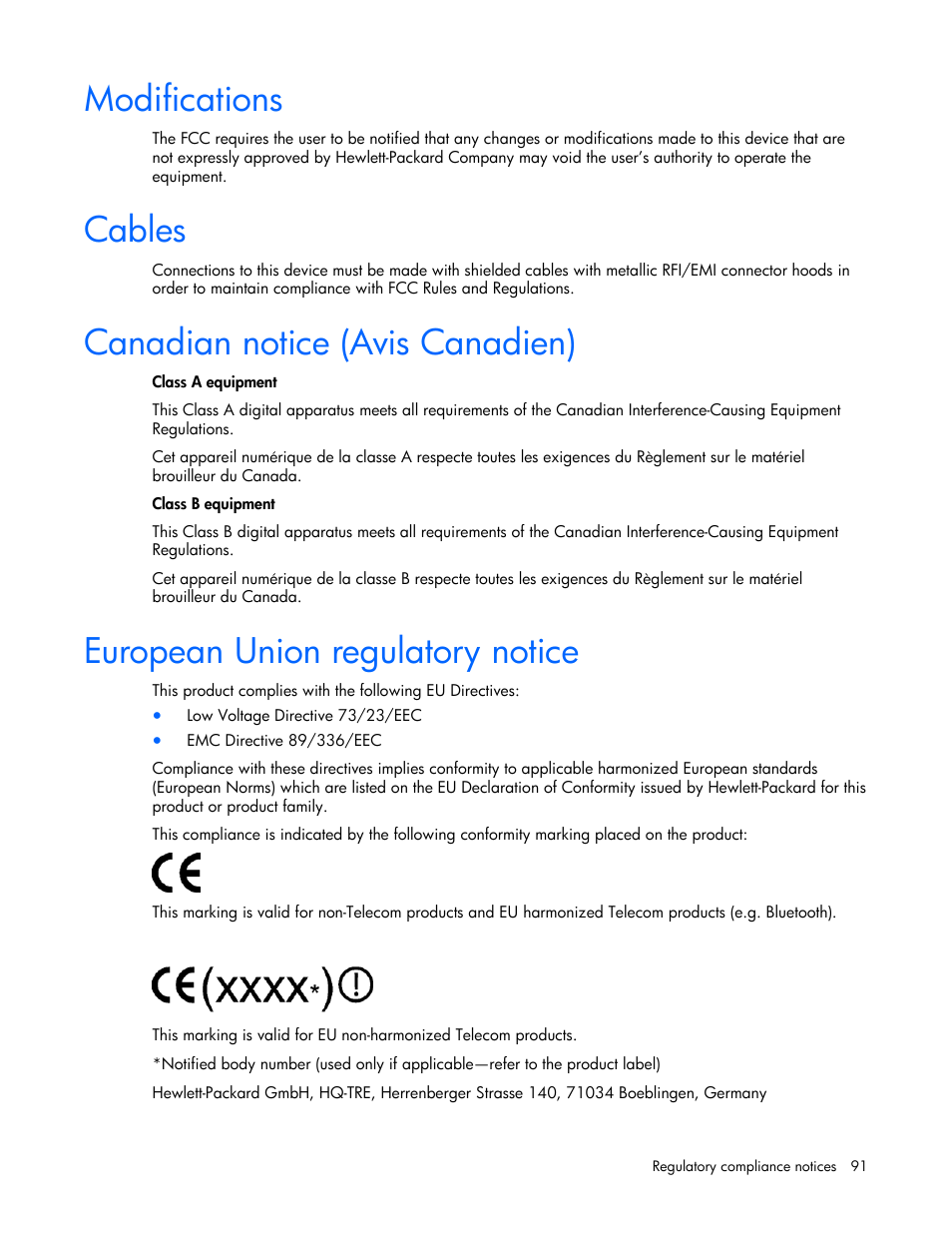 Modifications, Cables, Canadian notice (avis canadien) | European union regulatory notice, 91 european union regulatory notice | HP ProLiant DL380 User Manual | Page 91 / 113