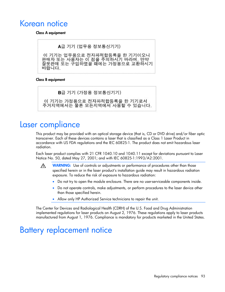 Korean notice, Laser compliance, Battery replacement notice | 93 laser compliance | HP ProLiant DL380 User Manual | Page 93 / 113
