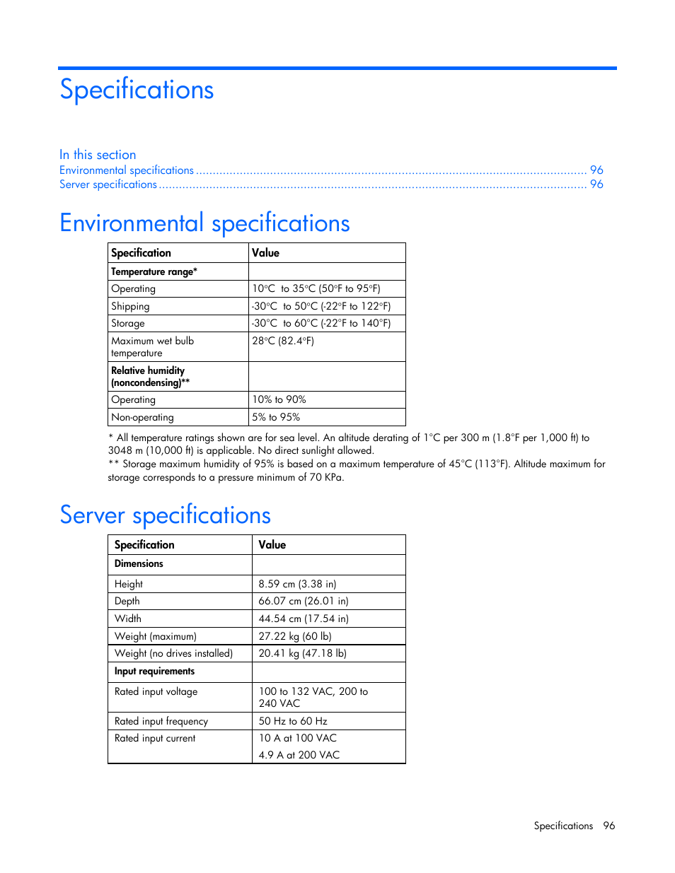 Specifications, Environmental specifications, Server specifications | HP ProLiant DL380 User Manual | Page 96 / 113