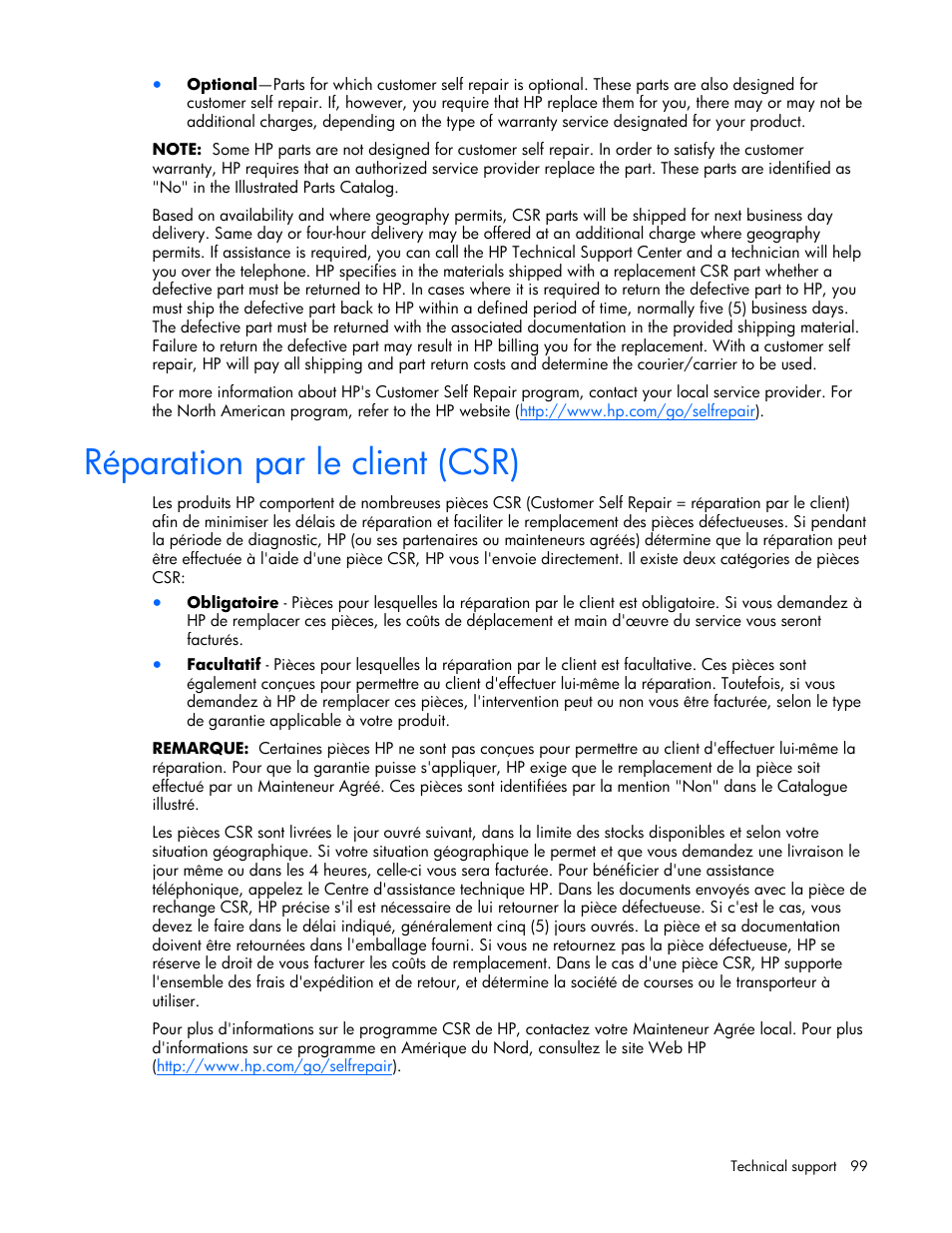 Réparation par le client (csr) | HP ProLiant DL380 User Manual | Page 99 / 113